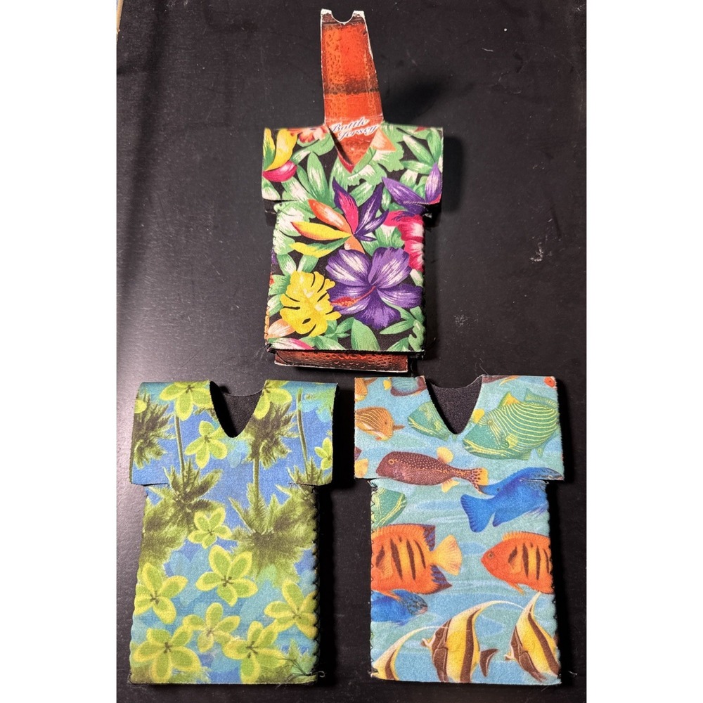 Lot of 3 New Tropical Neoprene Can Koozies‎ Hawaiian Palm Tree Fish Floral